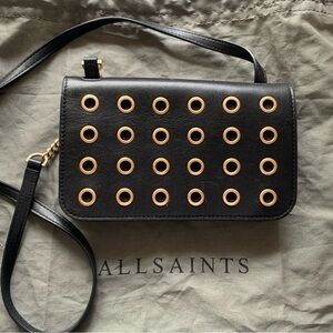 All Saints Gold Grommet Black Leather Chain Strap Purse